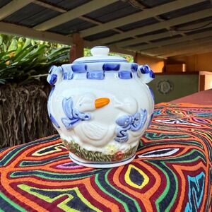 Vintage Mini Goose Cookie Jar Blue White Farmhouse Country Kitchen Decor
